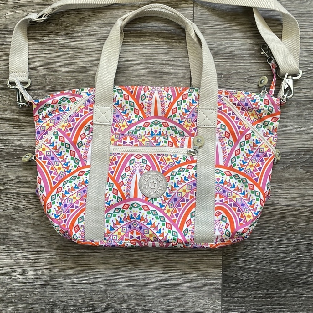 Kipling | Jumping for Joy Art U Expandable Shoulder Travel Bag White Pink - Picture 8 of 11